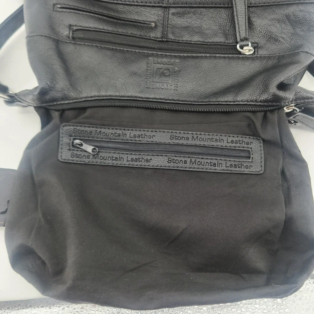 Stone Mountain Black Leather Crossbody Bag Dual Zip Top Multi Pocket Studded